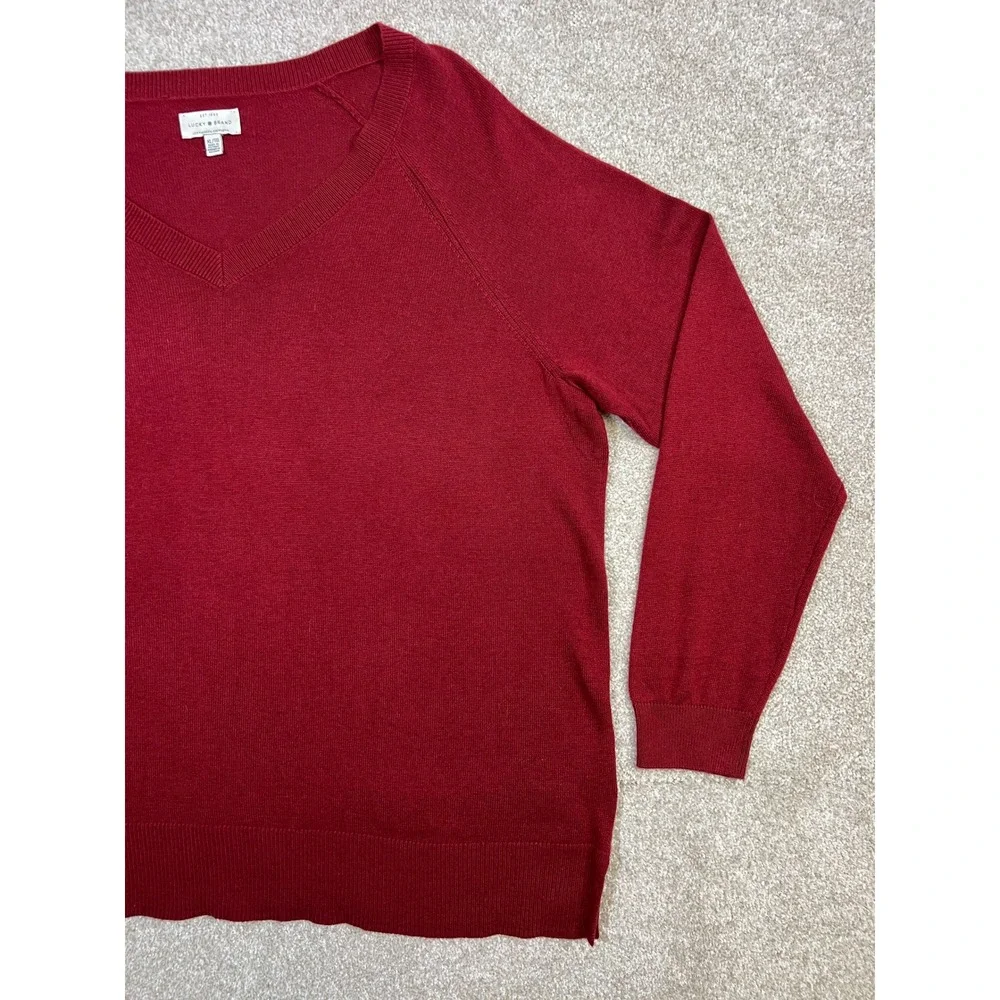 Lucky Brand Red V Neck Long Sleeve Sweater Top Women's XL Acrylic‎ Cotton